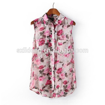 Mulher Flor Print Shirt Sleeseless Elegant Top